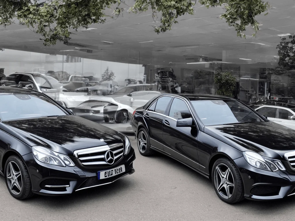 Two sleek black Mercedes-Benz E-Class cars parked outside a luxury showroom, ready for chauffeur service.