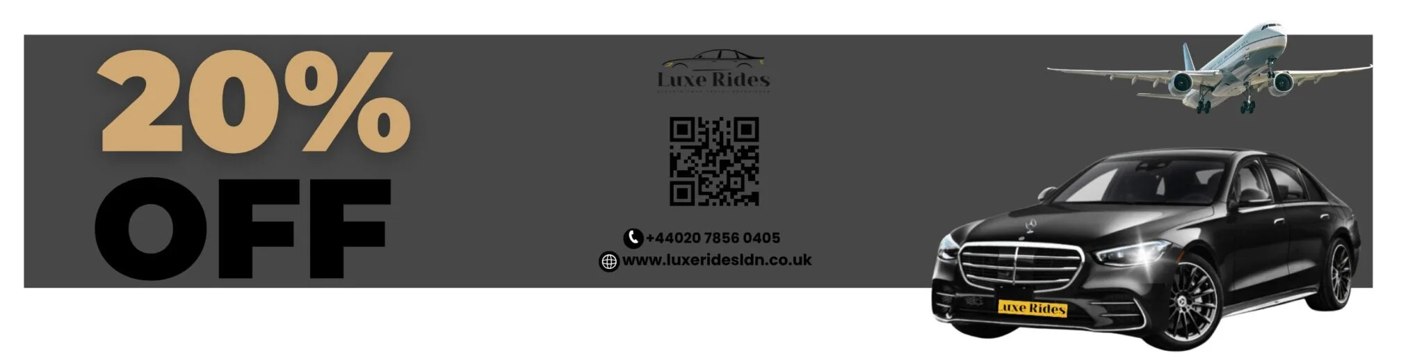 Enjoy a 20% discount on luxury airport transfer services in London with LuxeRides. Book now for a premium chauffeur experience.