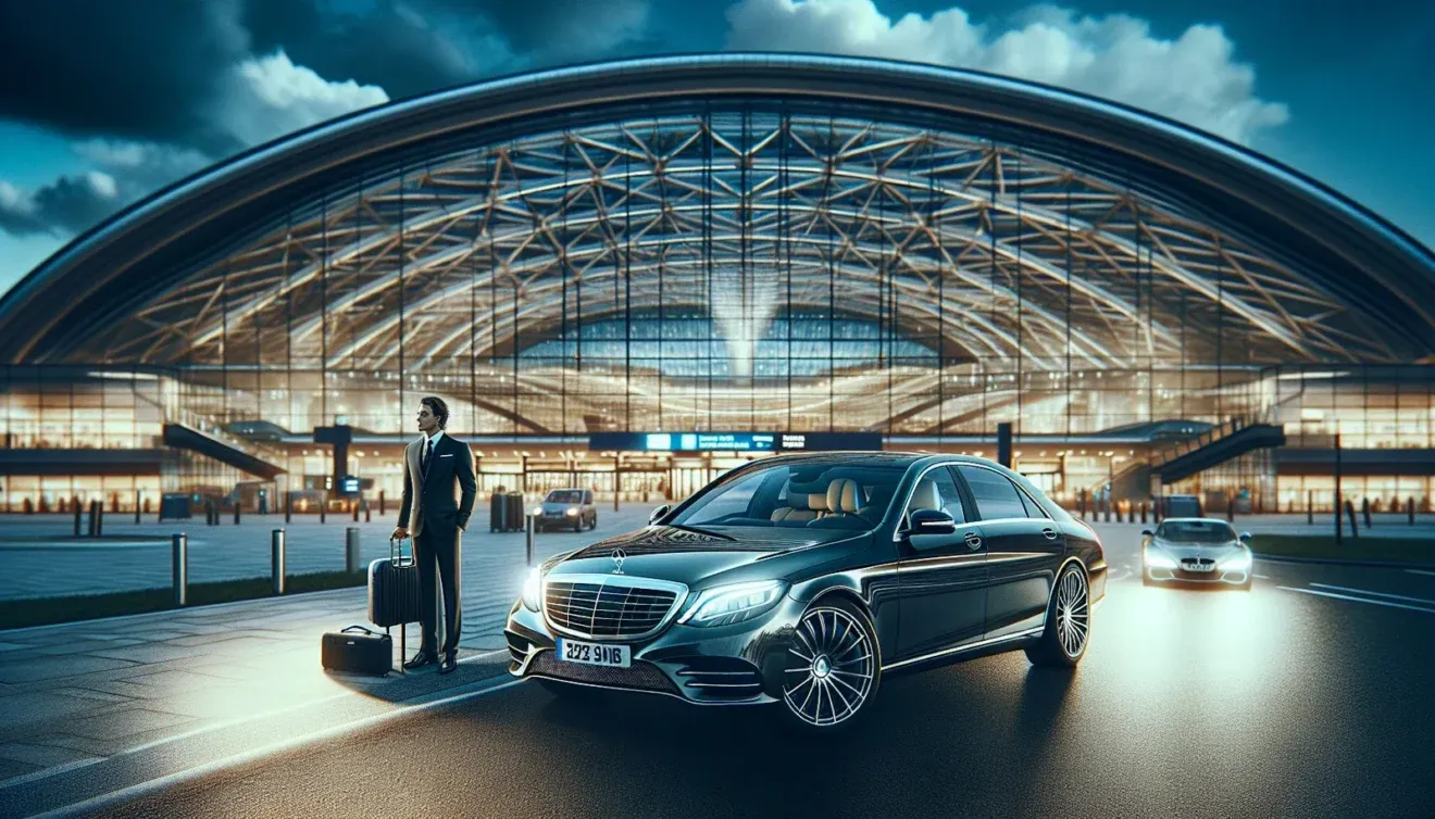 UK Luxerides Chauffeur Service at a modern airport, featuring a professional driver and a luxury black car, trusted by international clients.