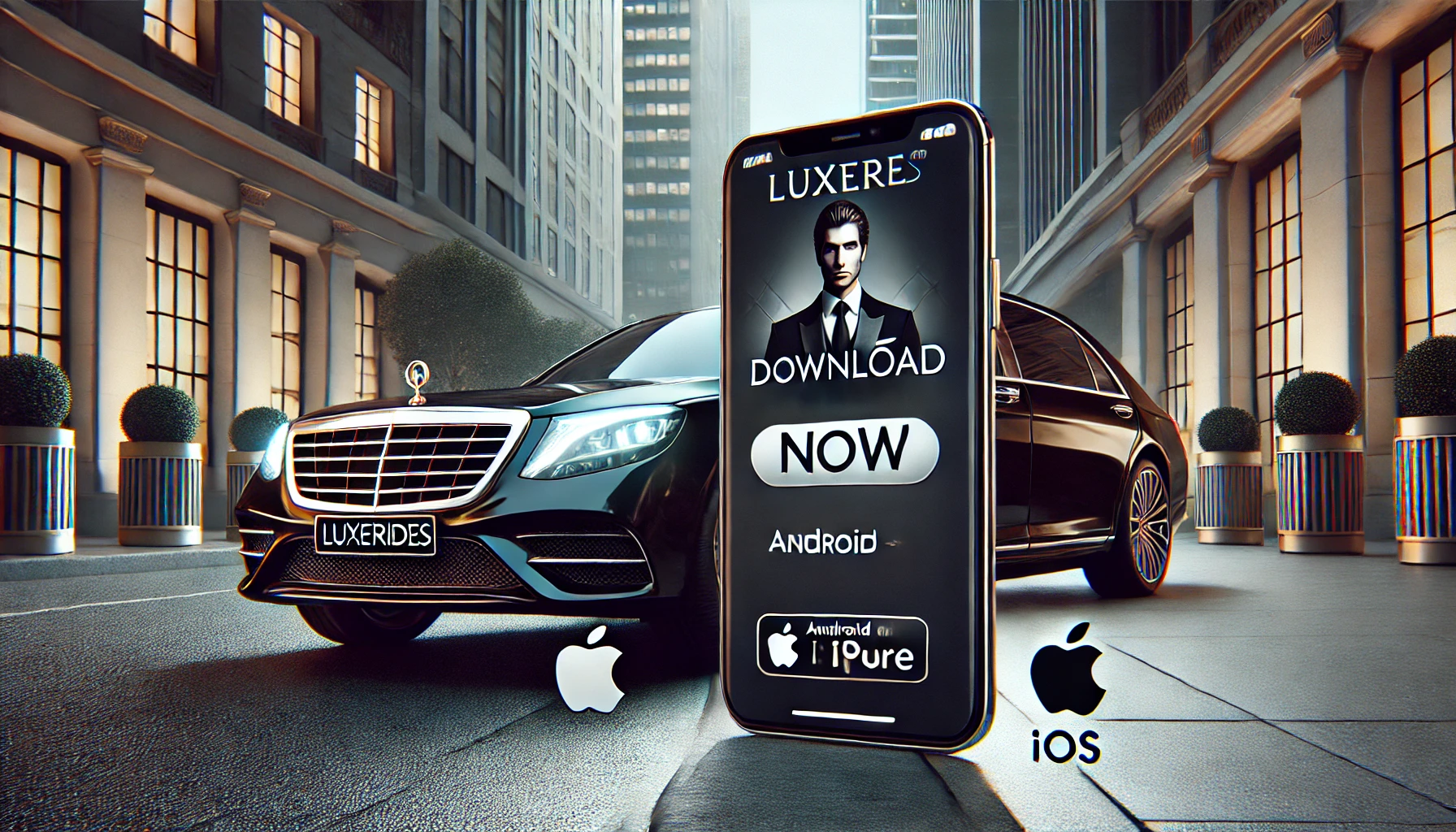 Luxury black car with a professional chauffeur in the background, while a smartphone displays a 'Download Now' button with Android and iOS logos, prompting users to get the LuxeRides app.
