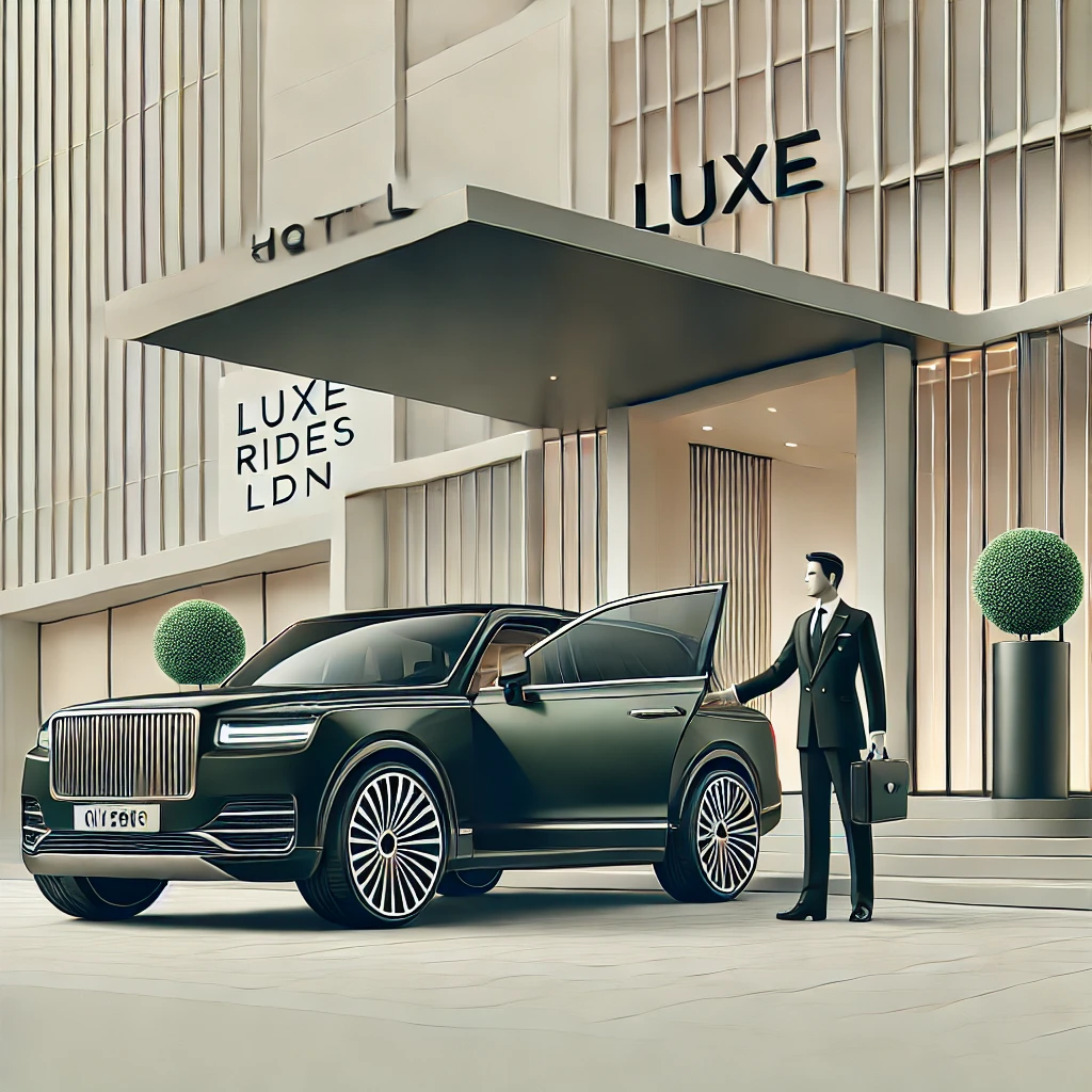 A sleek and luxurious chauffeur-driven car parked in front of a high-end hotel, representing premium chauffeur hire services in London.